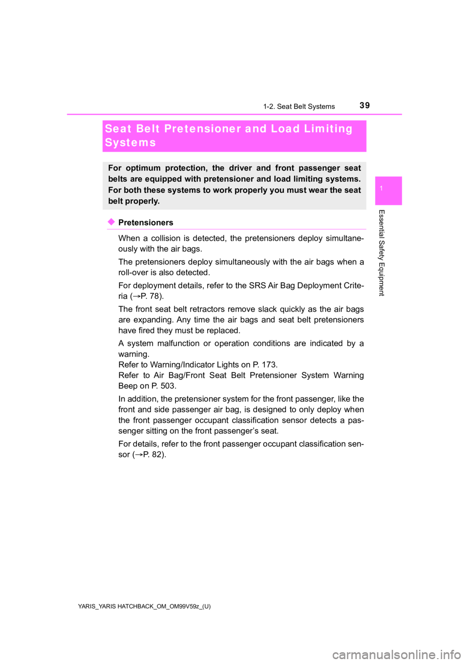 TOYOTA YARIS HATCHBACK 2020 Owners Manual (in English) 39
YARIS_YARIS HATCHBACK_OM_OM99V59z_(U)
1-2. Seat Belt Systems
1
Essential Safety Equipment
Seat Belt Pretensioner and Load Limiting
Systems
◆Pretensioners
When a collision is detected, the TOYOTA YARIS HATCHBACK 2020 Owners Manual (in English) 39
YARIS_YARIS HATCHBACK_OM_OM99V59z_(U)
1-2. Seat Belt Systems
1
Essential Safety Equipment
Seat Belt Pretensioner and Load Limiting
Systems
◆Pretensioners
When a collision is detected, the