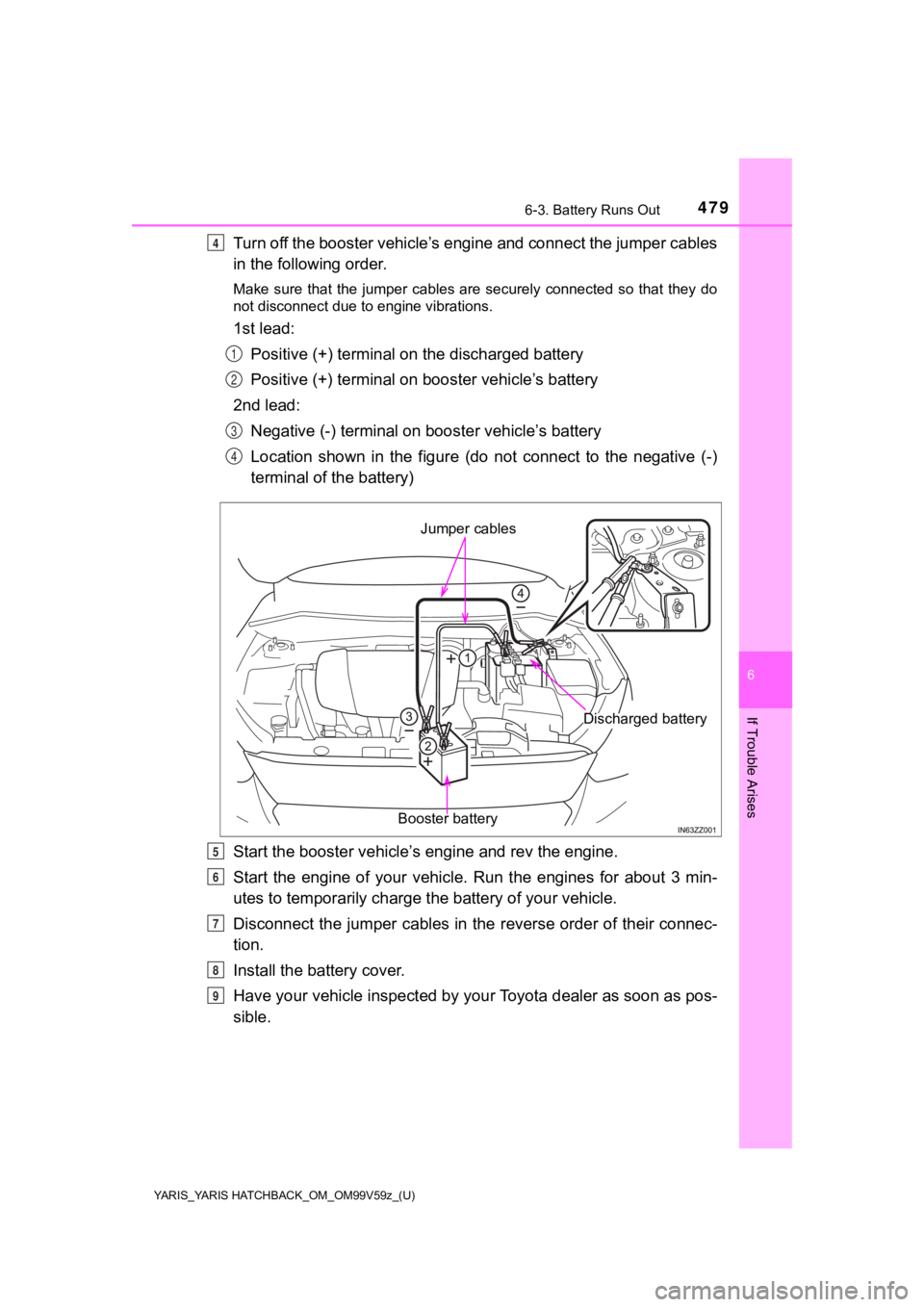 TOYOTA YARIS HATCHBACK 2020 Owners Manual (in English) YARIS_YARIS HATCHBACK_OM_OM99V59z_(U)
4796-3. Battery Runs Out
6
If Trouble Arises
Turn off the booster vehicle’s engine and connect the jumper cables
in the following order.
Make sure that the TOYOTA YARIS HATCHBACK 2020 Owners Manual (in English) YARIS_YARIS HATCHBACK_OM_OM99V59z_(U)
4796-3. Battery Runs Out
6
If Trouble Arises
Turn off the booster vehicle’s engine and connect the jumper cables
in the following order.
Make sure that the