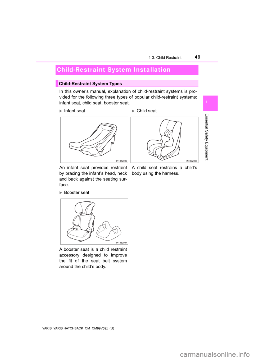 TOYOTA YARIS HATCHBACK 2020 (in English) Service Manual 49
YARIS_YARIS HATCHBACK_OM_OM99V59z_(U)
1-3. Child Restraint
1
Essential Safety Equipment
Child-Restraint System Installation
In this owner’s manual, explanat ion of child-restraint systems TOYOTA YARIS HATCHBACK 2020 (in English) Service Manual 49
YARIS_YARIS HATCHBACK_OM_OM99V59z_(U)
1-3. Child Restraint
1
Essential Safety Equipment
Child-Restraint System Installation
In this owner’s manual, explanat ion of child-restraint systems