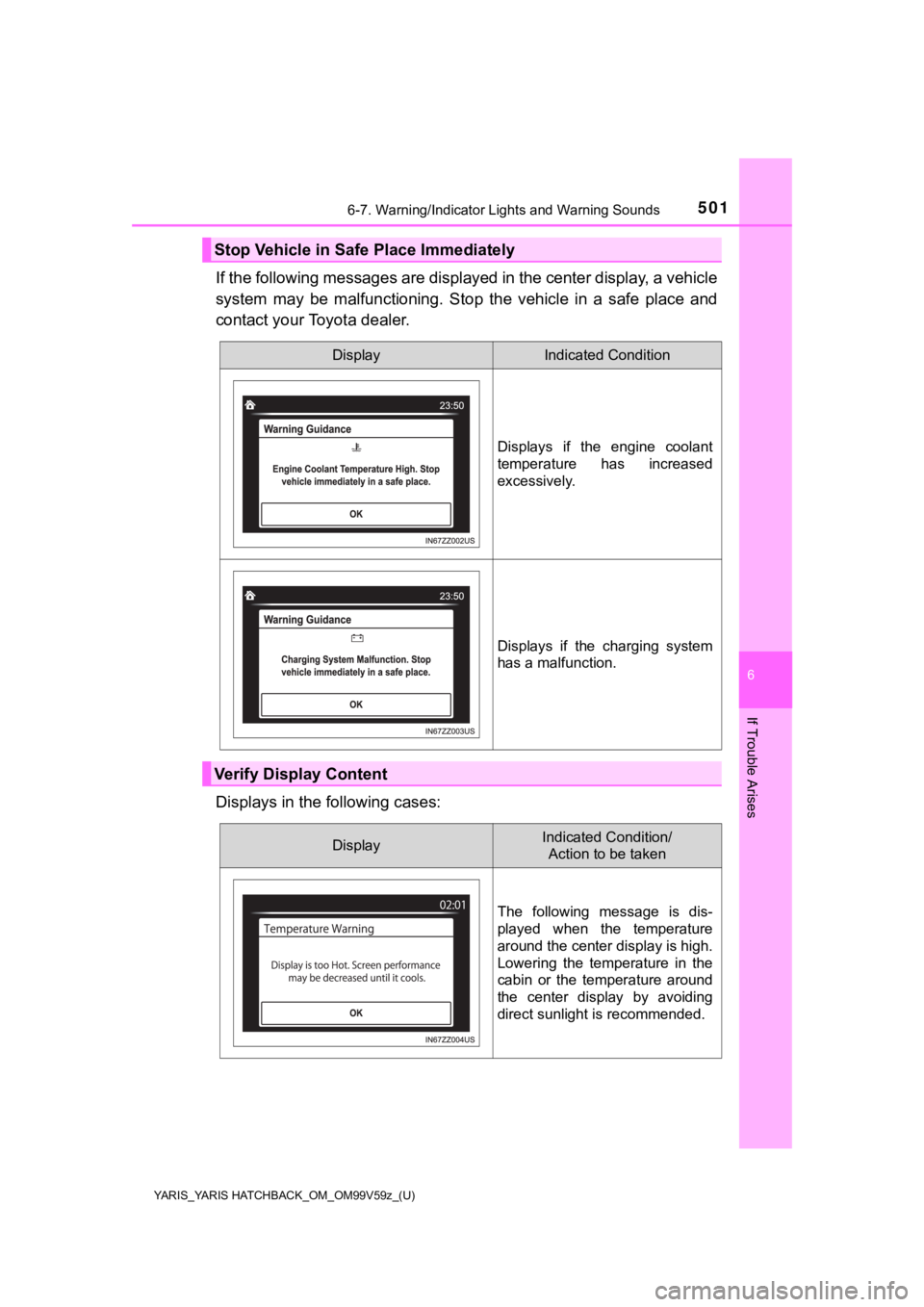 TOYOTA YARIS HATCHBACK 2020 Owners Manual (in English) YARIS_YARIS HATCHBACK_OM_OM99V59z_(U)
5016-7. Warning/Indicator Lights and Warning Sounds
6
If Trouble Arises
If the following messages are displayed in the center display, a vehicle
system may be TOYOTA YARIS HATCHBACK 2020 Owners Manual (in English) YARIS_YARIS HATCHBACK_OM_OM99V59z_(U)
5016-7. Warning/Indicator Lights and Warning Sounds
6
If Trouble Arises
If the following messages are displayed in the center display, a vehicle
system may be