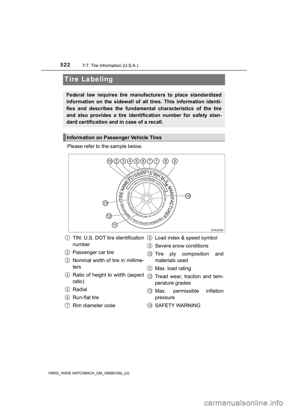 TOYOTA YARIS HATCHBACK 2020 Owners Manual (in English) 522
YARIS_YARIS HATCHBACK_OM_OM99V59z_(U)
7-7. Tire Information (U.S.A.)
Tire Labeling
Please refer to the sample below.
Federal law requires tire manufacturers to place standardized
informatio TOYOTA YARIS HATCHBACK 2020 Owners Manual (in English) 522
YARIS_YARIS HATCHBACK_OM_OM99V59z_(U)
7-7. Tire Information (U.S.A.)
Tire Labeling
Please refer to the sample below.
Federal law requires tire manufacturers to place standardized
informatio