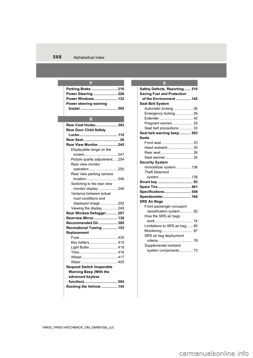 TOYOTA YARIS HATCHBACK 2020  Owners Manual (in English) 568Alphabetical index
YARIS_YARIS HATCHBACK_OM_OM99V59z_(U)
Parking Brake .......................... 210
Power Steering ........................ 226
Power Windows ....................... 132
Power ste