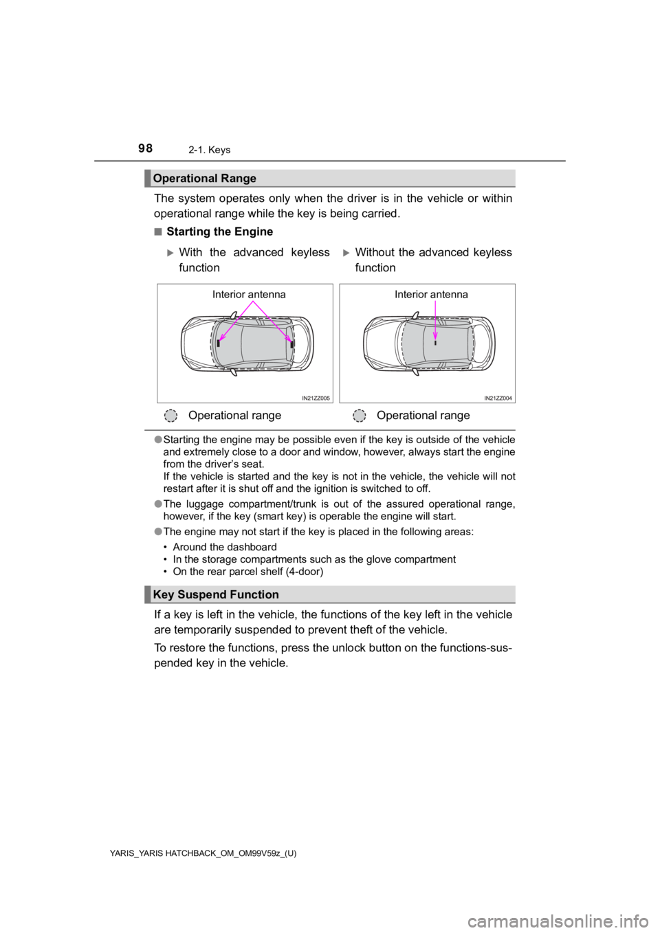 TOYOTA YARIS HATCHBACK 2020 Owners Manual (in English) 98
YARIS_YARIS HATCHBACK_OM_OM99V59z_(U)
2-1. Keys
The system operates only when the driver is in the vehicle or within
operational range while the key is being carried.
■Starting the En TOYOTA YARIS HATCHBACK 2020 Owners Manual (in English) 98
YARIS_YARIS HATCHBACK_OM_OM99V59z_(U)
2-1. Keys
The system operates only when the driver is in the vehicle or within
operational range while the key is being carried.
■Starting the En