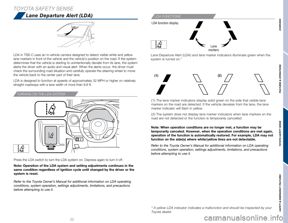 TOYOTA YARIS LIFTBACK 2020  Owners Manual (in English) OVERVIEW
FEATURES & OPERATIONS
TOYOTA SAFETY SENSE
SAFETY & EMERGENCY FEATURES
22 23
Lane Departure Alert (LDA)
TOYOTA SAFETY SENSE
Lane Departure Alert (LDA) and lane marker indicators illuminate gre