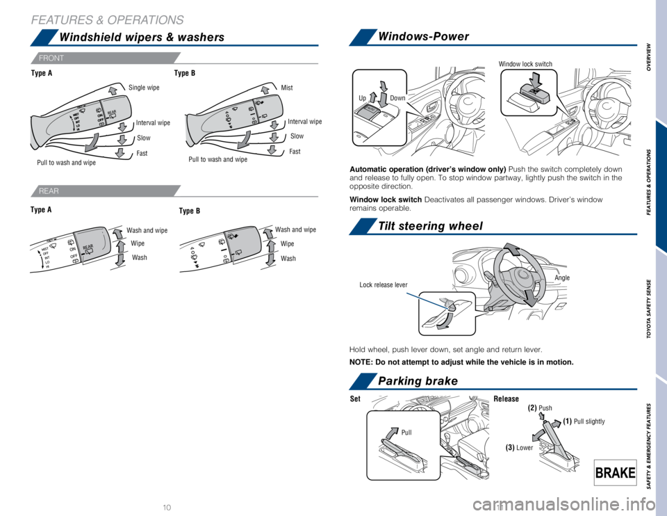 TOYOTA YARIS LIFTBACK 2020  Owners Manual (in English) OVERVIEW
FEATURES & OPERATIONS
TOYOTA SAFETY SENSE
SAFETY & EMERGENCY FEATURES
10 11
FEATURES & OPERATIONS
Windshield wipers & washers
Windows-Power
Automatic operation (driver’s window only)  Push 