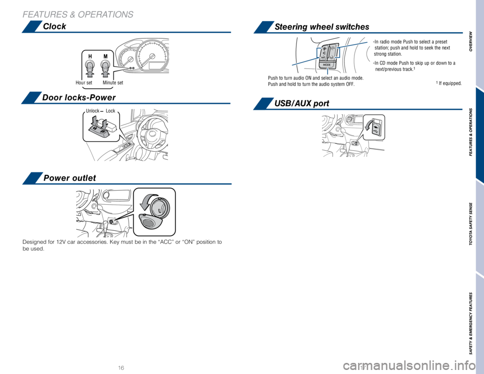TOYOTA YARIS LIFTBACK 2020  Owners Manual (in English) OVERVIEW
FEATURES & OPERATIONS
TOYOTA SAFETY SENSE
SAFETY & EMERGENCY FEATURES
16 17
Clock
Power outlet
FEATURES & OPERATIONS
Designed for 12V car accessories. Key must be in the “ACC” or “\
ON�