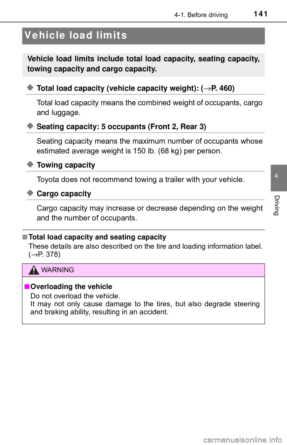 TOYOTA YARIS LIFTBACK 2020  Owners Manual (in English) 1414-1. Before driving
4
Driving
Vehicle load limits
◆Total load capacity (vehicle capacity weight): (→P. 460)
Total load capacity means the comb ined weight of occupants, cargo
and luggage.
◆Se