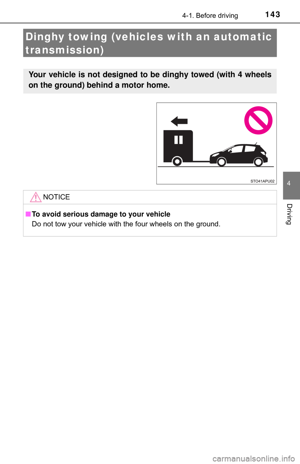 TOYOTA YARIS LIFTBACK 2020  Owners Manual (in English) 1434-1. Before driving
4
Driving
Dinghy towing (vehicles with an automatic 
transmission)
Your vehicle is not designed to be dinghy towed (with 4 wheels
on the ground) behind a motor home.
NOTICE
■T