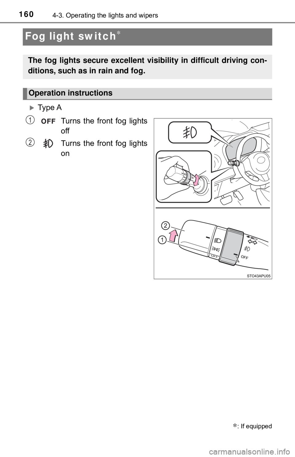 TOYOTA YARIS LIFTBACK 2020  Owners Manual (in English) 1604-3. Operating the lights and wipers
Fog light switch∗
Ty p e  ATurns the front fog lights
off
Turns the front fog lights
on
∗: If equipped
The fog lights secure excellent visibility in diff