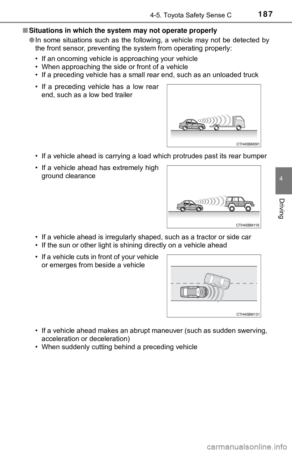 TOYOTA YARIS LIFTBACK 2020 Owners Manual (in English) 1874-5. Toyota Safety Sense C
4
Driving
■Situations in which the system may not operate properly
●In some situations such as the following, a vehicle may not be detected by
the front sensor, preve TOYOTA YARIS LIFTBACK 2020 Owners Manual (in English) 1874-5. Toyota Safety Sense C
4
Driving
■Situations in which the system may not operate properly
●In some situations such as the following, a vehicle may not be detected by
the front sensor, preve