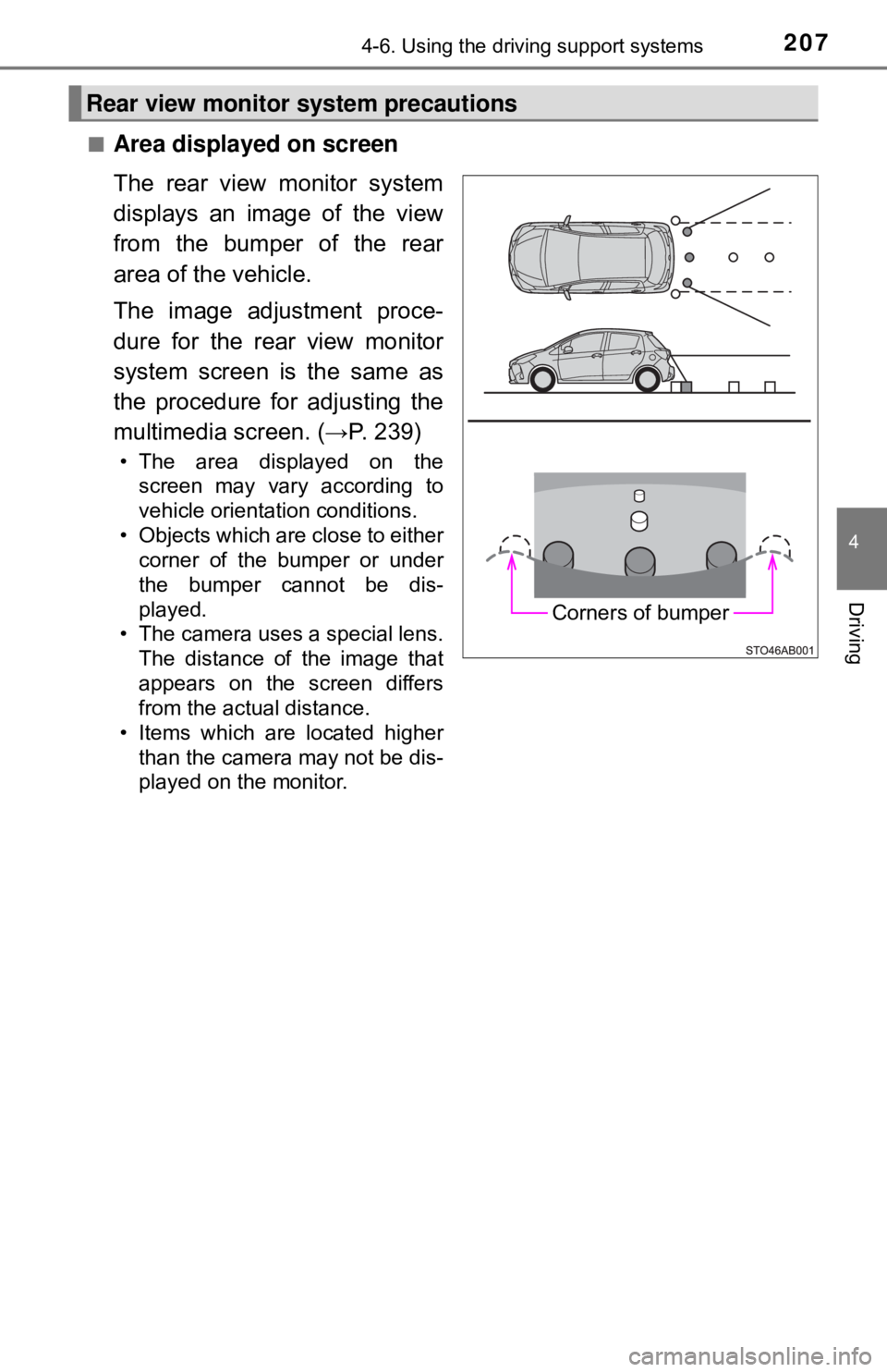 TOYOTA YARIS LIFTBACK 2020  Owners Manual (in English) 2074-6. Using the driving support systems
4
Driving
■Area displayed on screen
The rear view monitor system
displays an image of the view
from the bumper of the rear
area of the vehicle.
The image ad