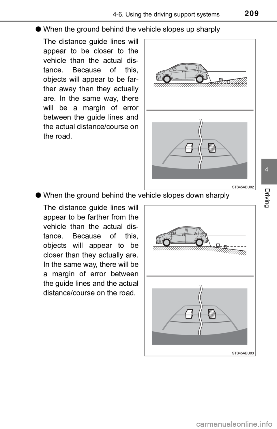 TOYOTA YARIS LIFTBACK 2020  Owners Manual (in English) 2094-6. Using the driving support systems
4
Driving
●When the ground behind the vehicle slopes up sharply
The distance guide lines will
appear to be closer to the
vehicle than the actual dis-
tance.