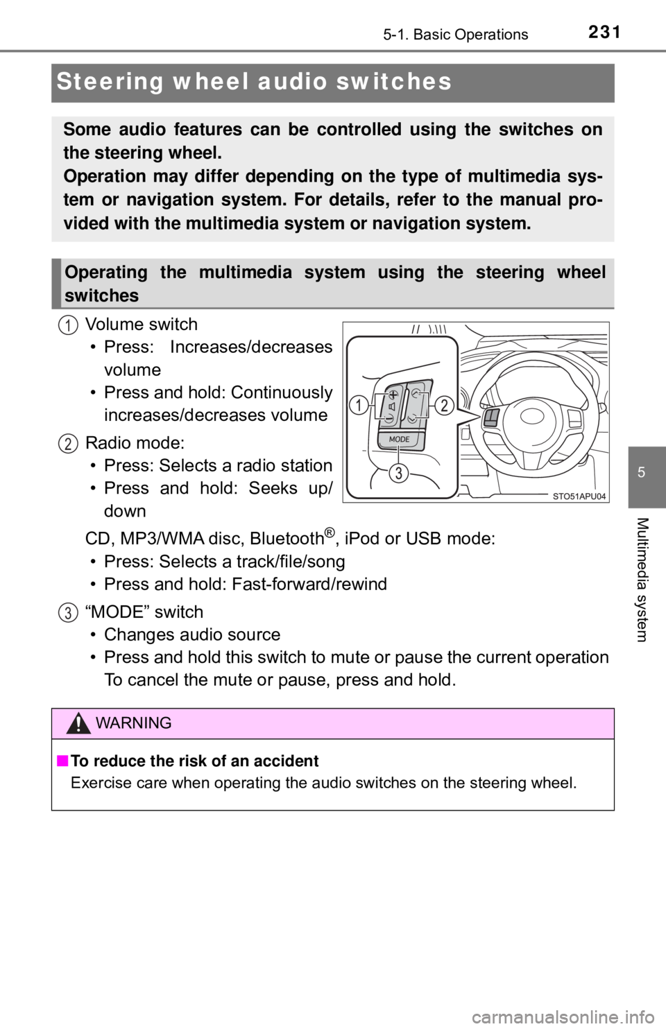 TOYOTA YARIS LIFTBACK 2020 Owners Manual (in English) 2315-1. Basic Operations
5
Multimedia system
Steering wheel audio switches
Vo l u m e s w i t c h• Press: Increases/decreases volume
• Press and hold: Continuously increases/decreases volume
Radi TOYOTA YARIS LIFTBACK 2020 Owners Manual (in English) 2315-1. Basic Operations
5
Multimedia system
Steering wheel audio switches
Vo l u m e s w i t c h• Press: Increases/decreases volume
• Press and hold: Continuously increases/decreases volume
Radi