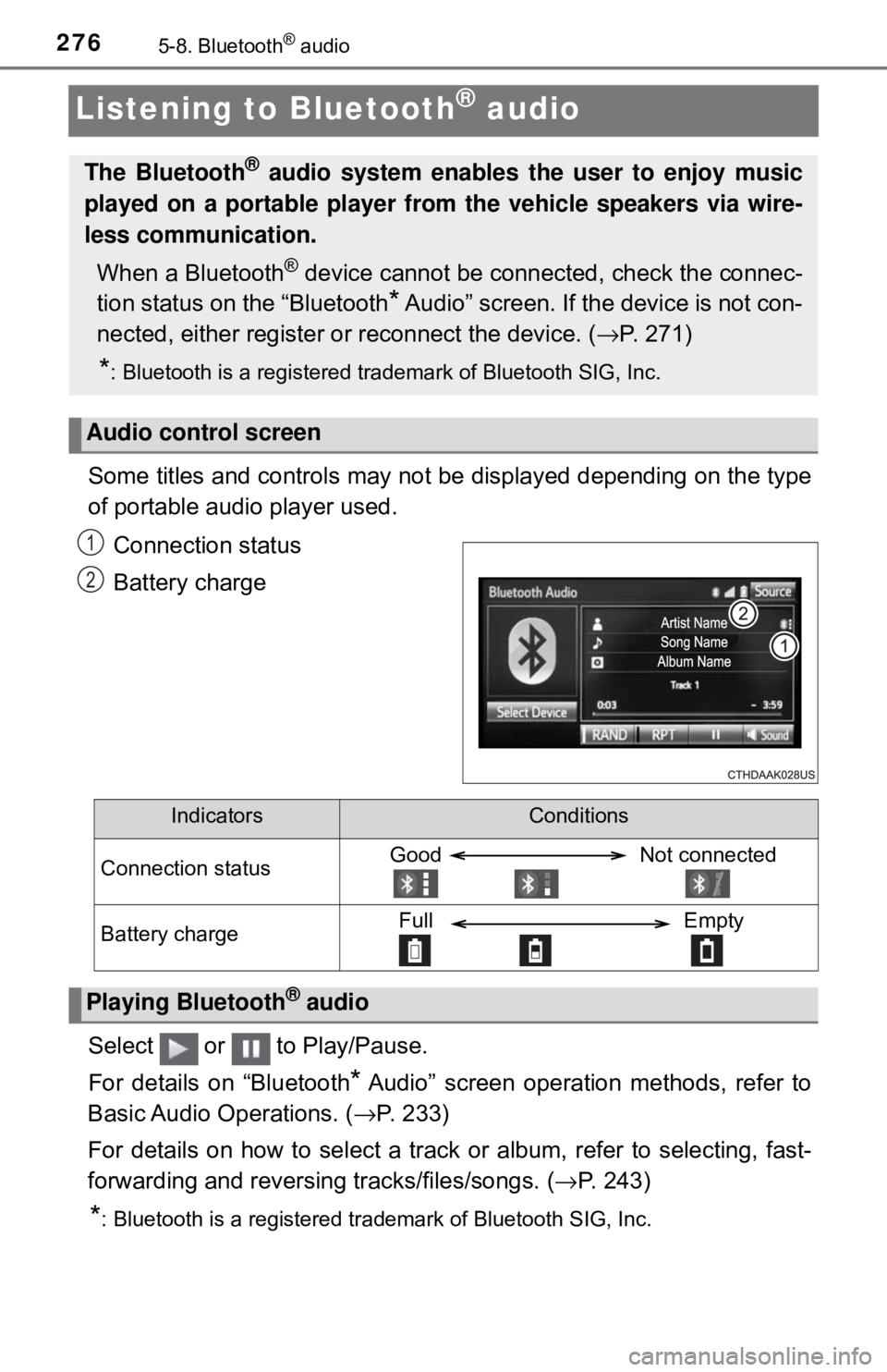 TOYOTA YARIS LIFTBACK 2020 Owners Manual (in English) 2765-8. Bluetooth® audio
Listening to Bluetooth® audio
Some titles and controls may not be displayed depending on the type
of portable audio player used.Connection status
Battery charge
Select or TOYOTA YARIS LIFTBACK 2020 Owners Manual (in English) 2765-8. Bluetooth® audio
Listening to Bluetooth® audio
Some titles and controls may not be displayed depending on the type
of portable audio player used.Connection status
Battery charge
Select or