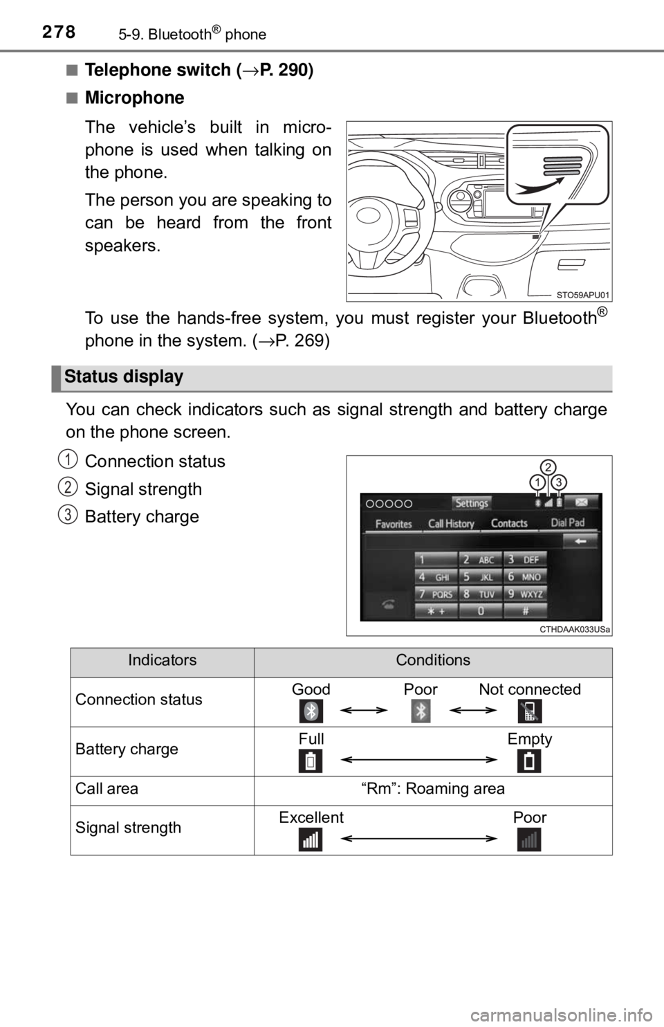 TOYOTA YARIS LIFTBACK 2020 Owners Manual (in English) 2785-9. Bluetooth® phone
■Telephone switch (→P. 290)
■Microphone
The vehicle’s built in micro-
phone is used when talking on
the phone.
The person you are speaking to
can be heard from the fr TOYOTA YARIS LIFTBACK 2020 Owners Manual (in English) 2785-9. Bluetooth® phone
■Telephone switch (→P. 290)
■Microphone
The vehicle’s built in micro-
phone is used when talking on
the phone.
The person you are speaking to
can be heard from the fr