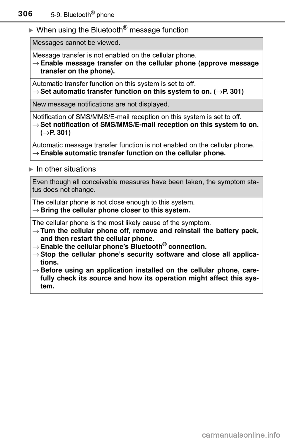 TOYOTA YARIS LIFTBACK 2020 Owners Manual (in English) 3065-9. Bluetooth® phone
When using the Bluetooth® message function
In other situations
Messages cannot be viewed.
Message transfer is not enabled on the cellular phone.
→Enable message tran TOYOTA YARIS LIFTBACK 2020 Owners Manual (in English) 3065-9. Bluetooth® phone
When using the Bluetooth® message function
In other situations
Messages cannot be viewed.
Message transfer is not enabled on the cellular phone.
→Enable message tran