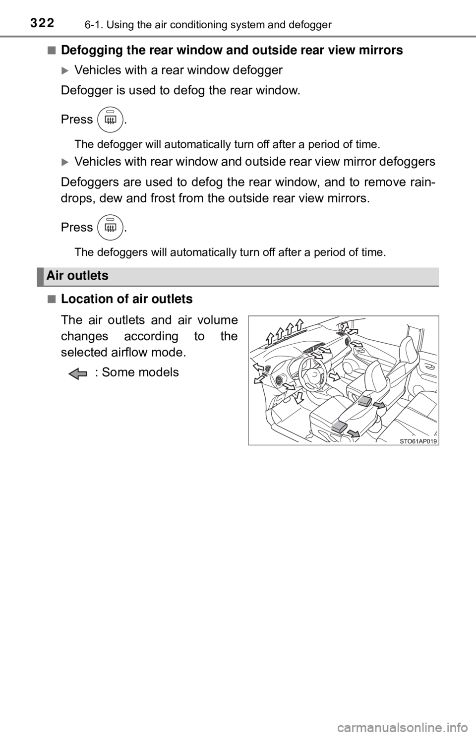 TOYOTA YARIS LIFTBACK 2020  Owners Manual (in English) 3226-1. Using the air conditioning system and defogger
■Defogging the rear window and  outside rear view mirrors
Vehicles with a rear window defogger
Defogger is used to defog the rear window.
Pr