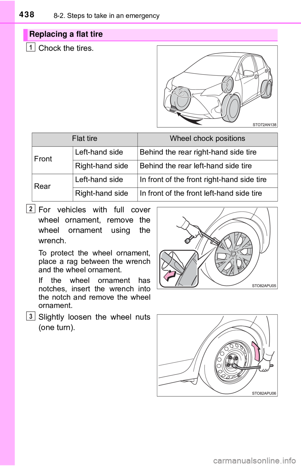 TOYOTA YARIS LIFTBACK 2020  Owners Manual (in English) 4388-2. Steps to take in an emergency
Chock the tires.
For vehicles with full cover
wheel ornament, remove the
wheel ornament using the
wrench.
To protect the wheel ornament,
place a rag between the w