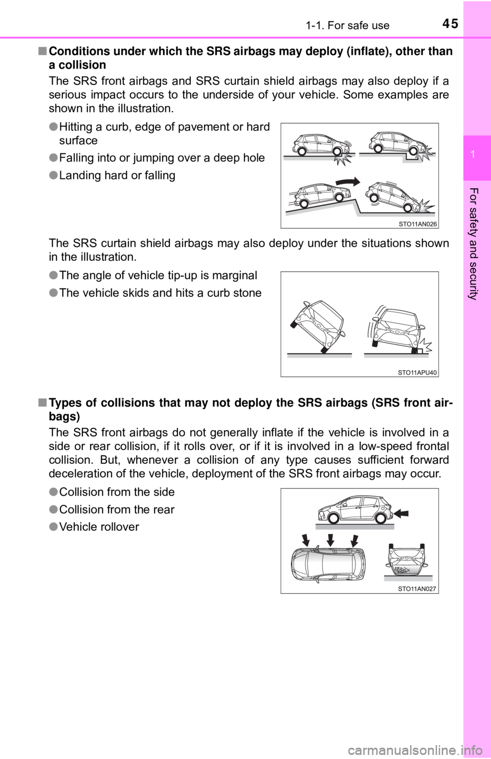 TOYOTA YARIS LIFTBACK 2020  Owners Manual (in English) 451-1. For safe use
1
For safety and security
■Conditions under which the SRS airbags may deploy (inflate), other than
a collision 
The SRS front airbags and SRS curtain shield airbags may also depl