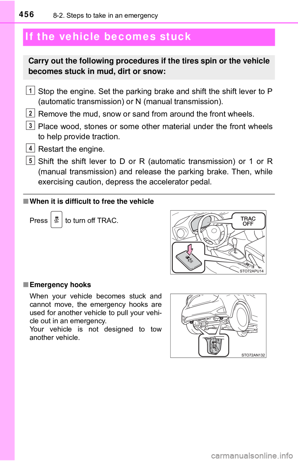 TOYOTA YARIS LIFTBACK 2020 Owners Manual (in English) 4568-2. Steps to take in an emergency
If the vehicle becomes stuck
Stop the engine. Set the parking brake and shift the shift lever to P
(automatic transmission) or N (manual transmission).
Remove the TOYOTA YARIS LIFTBACK 2020 Owners Manual (in English) 4568-2. Steps to take in an emergency
If the vehicle becomes stuck
Stop the engine. Set the parking brake and shift the shift lever to P
(automatic transmission) or N (manual transmission).
Remove the