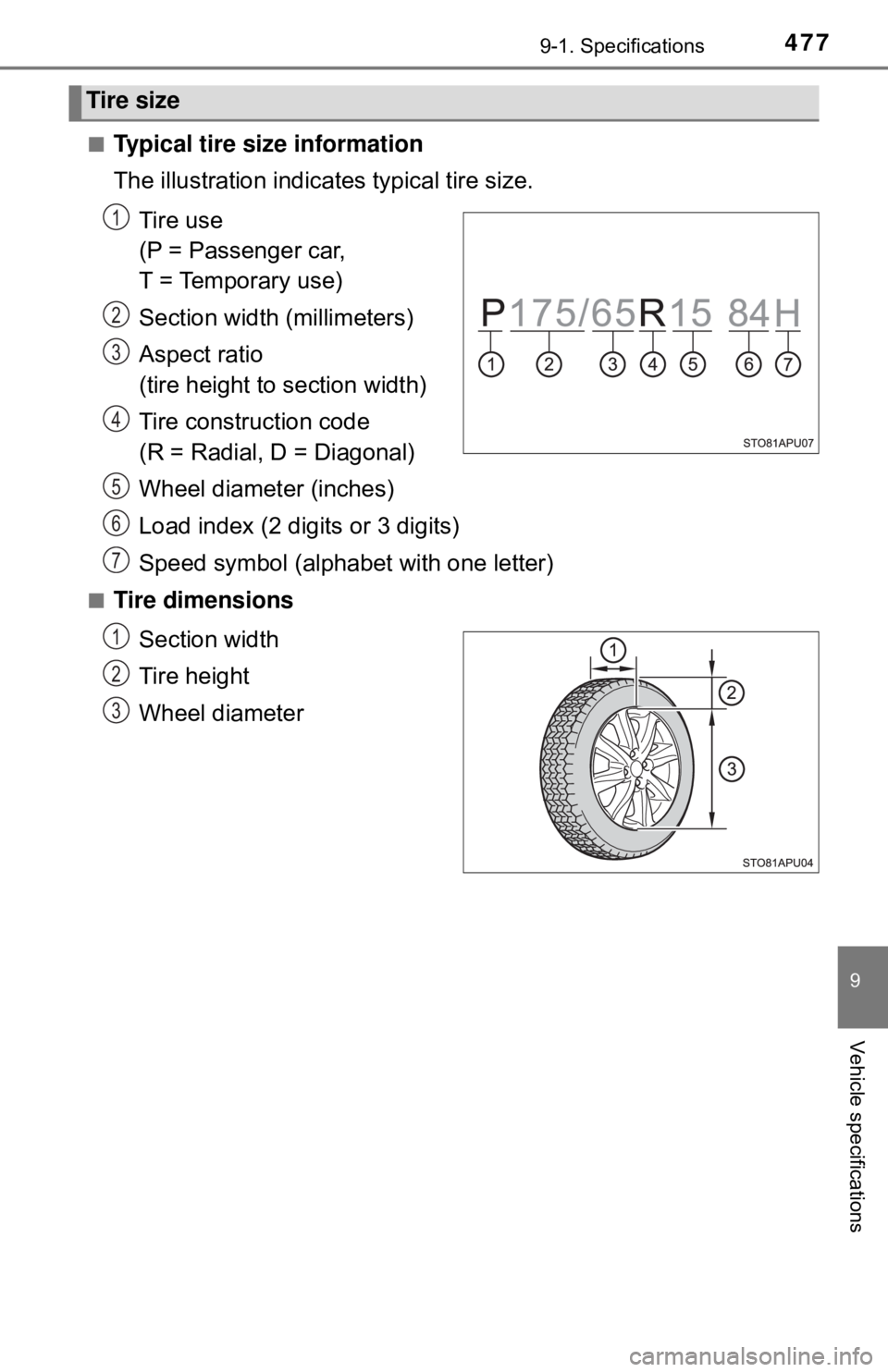 TOYOTA YARIS LIFTBACK 2020  Owners Manual (in English) 4779-1. Specifications
9
Vehicle specifications
■Typical tire size information
The illustration indicates typical tire size.Tire use
(P = Passenger car,
T = Temporary use)
Section width (millimeters