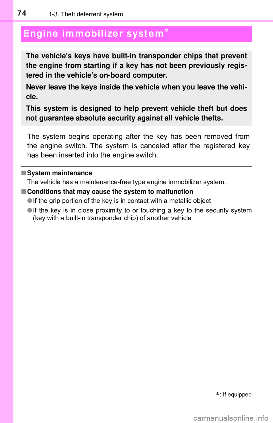 TOYOTA YARIS LIFTBACK 2020  Owners Manual (in English) 741-3. Theft deterrent system
Engine immobilizer system∗
The system begins operating after the key has been removed from
the engine switch. The system is canceled after the registered key
has been i