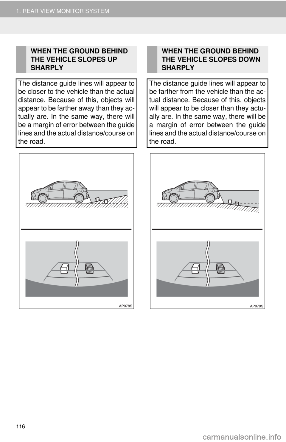 TOYOTA YARIS LIFTBACK 2020  Accessories, Audio & Navigation (in English) 116
1. REAR VIEW MONITOR SYSTEM
WHEN THE GROUND BEHIND 
THE VEHICLE SLOPES UP 
SHARPLY
The distance guide lines will appear to  
be closer to the vehicle than the actual 
distance. Because of this, ob