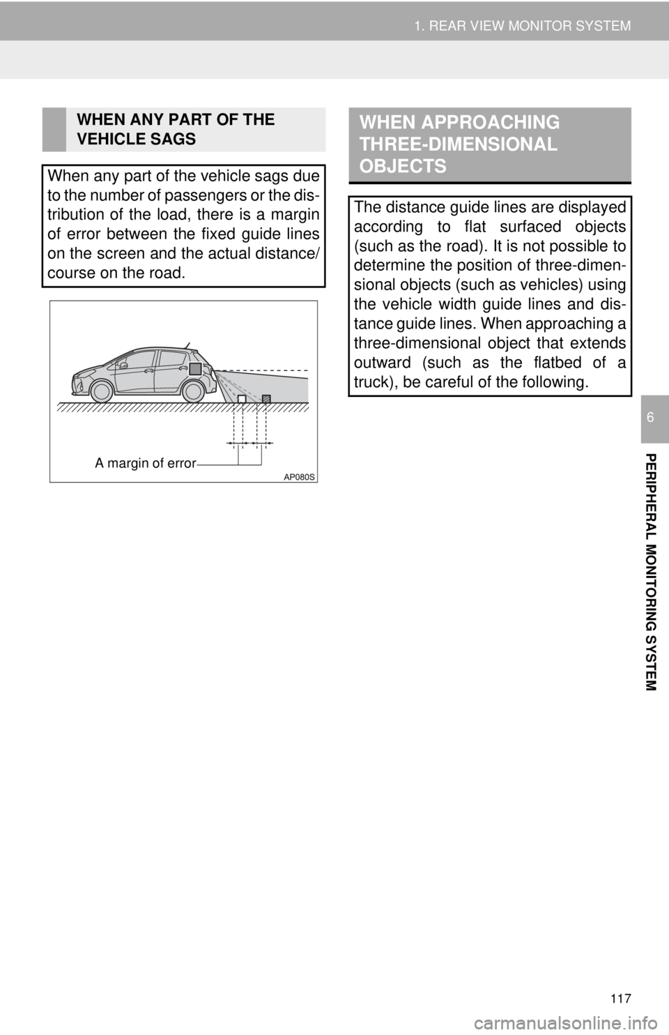 TOYOTA YARIS LIFTBACK 2020  Accessories, Audio & Navigation (in English) A margin of error
WHEN APPROACHING 
THREE-DIMENSIONAL 
OBJECTS
117
1. REAR VIEW MONITOR SYSTEM
PERIPHERAL MONITORING SYSTEM
6
WHEN ANY PART OF THE 
VEHICLE SAGS
When any part of the vehicle sags due  