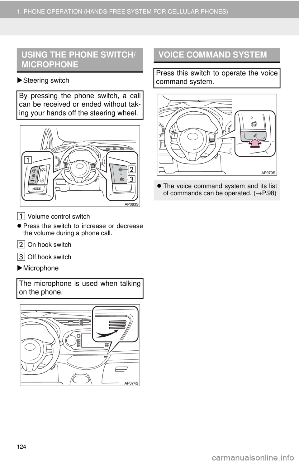 TOYOTA YARIS LIFTBACK 2020 Accessories, Audio & Navigation (in English) USING THE PHONE SWITCH/
MICROPHONE
124
1. PHONE OPERATION (HANDS-FREE SYSTEM FOR CELLULAR PHONES)
Steering switch
Volume control switch
Press t he switch to increase or decrease
the
volume TOYOTA YARIS LIFTBACK 2020 Accessories, Audio & Navigation (in English) USING THE PHONE SWITCH/
MICROPHONE
124
1. PHONE OPERATION (HANDS-FREE SYSTEM FOR CELLULAR PHONES)
Steering switch
Volume control switch
Press t he switch to increase or decrease
the
volume