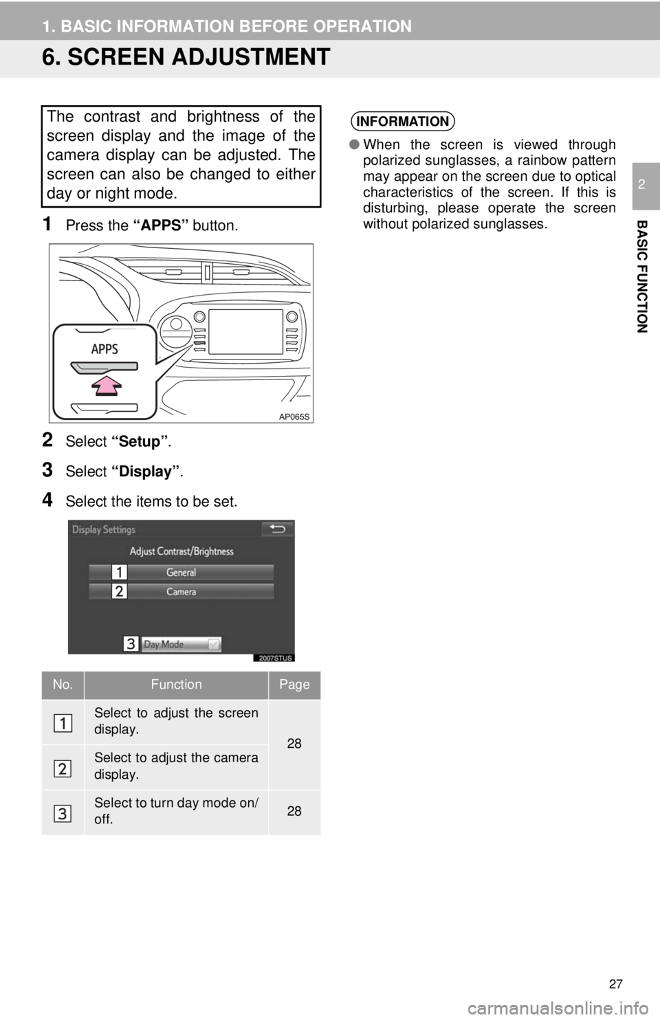 TOYOTA YARIS LIFTBACK 2020 Accessories, Audio & Navigation (in English) 27
1. BASIC INFORMATION BEFORE OPERATION
BASIC FUNCTION
2
6. SCREEN ADJUSTMENT
1Press the “APPS” button.
2Select “Setup” .
3Select “Display”.
4Select the items to be set.
The contrast and TOYOTA YARIS LIFTBACK 2020 Accessories, Audio & Navigation (in English) 27
1. BASIC INFORMATION BEFORE OPERATION
BASIC FUNCTION
2
6. SCREEN ADJUSTMENT
1Press the “APPS” button.
2Select “Setup” .
3Select “Display”.
4Select the items to be set.
The contrast and