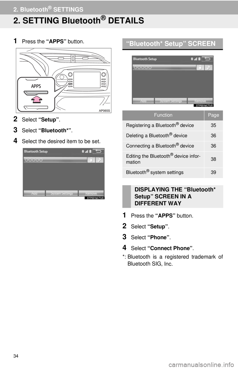 TOYOTA YARIS LIFTBACK 2020 Accessories, Audio & Navigation (in English) 34
2. Bluetooth® SETTINGS
2. SETTING Bluetooth® DETAILS
1Press the “APPS” button.
2Select “Setup” .
3Select “Blueto oth*”.
4Select the desired item to be set.
“Bluetooth* Setup” SCRE TOYOTA YARIS LIFTBACK 2020 Accessories, Audio & Navigation (in English) 34
2. Bluetooth® SETTINGS
2. SETTING Bluetooth® DETAILS
1Press the “APPS” button.
2Select “Setup” .
3Select “Blueto oth*”.
4Select the desired item to be set.
“Bluetooth* Setup” SCRE