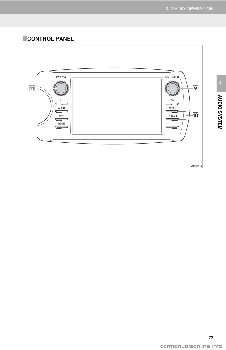 TOYOTA YARIS LIFTBACK 2020  Accessories, Audio & Navigation (in English) 73
3. MEDIA OPERATION
AUDIO SYSTEM
3
■CONTROL PANEL 