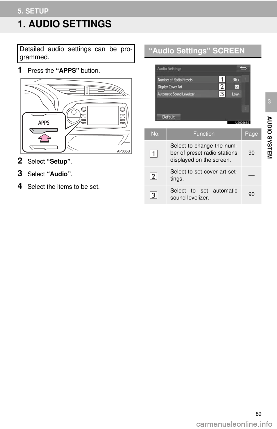 TOYOTA YARIS LIFTBACK 2020 Accessories, Audio & Navigation (in English) 89
AUDIO SYSTEM
3
5. SETUP
1. AUDIO SETTINGS
1Press the “APPS” button.
2Select “Setup” .
3Select “Audio” .
4Select the items to be set.
“Audio Settings” SCREENDetailed audio settings c TOYOTA YARIS LIFTBACK 2020 Accessories, Audio & Navigation (in English) 89
AUDIO SYSTEM
3
5. SETUP
1. AUDIO SETTINGS
1Press the “APPS” button.
2Select “Setup” .
3Select “Audio” .
4Select the items to be set.
“Audio Settings” SCREENDetailed audio settings c