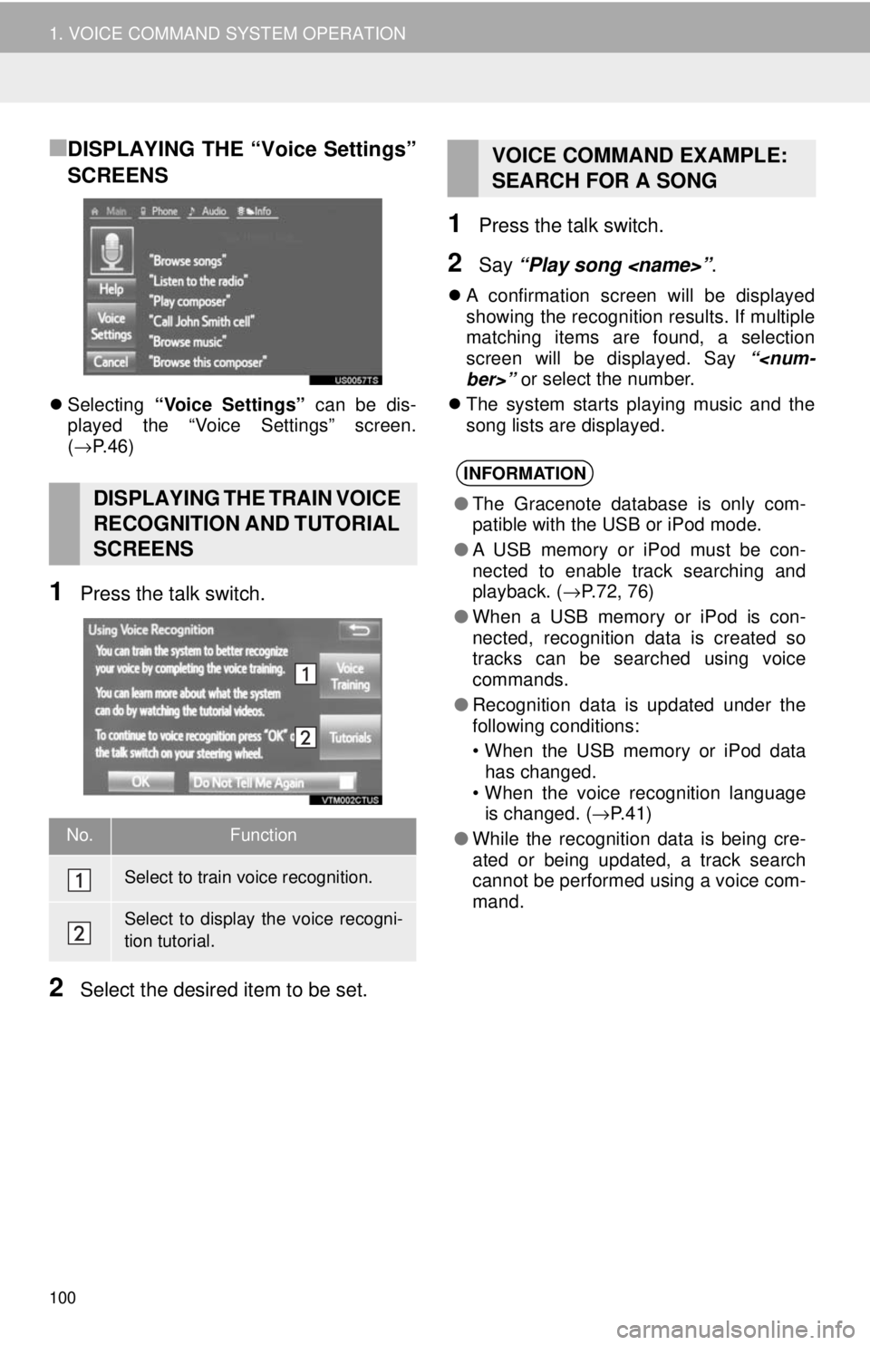 TOYOTA YARIS LIFTBACK 2020 Accessories, Audio & Navigation (in English) 100
1. VOICE COMMAND SYSTEM OPERATION
■DISPLAYING THE “Voice Settings”
SCREENS
Selecting “Voice Settings” can be dis-
played the “Voice Settings” screen.
( → P. 4 6 )
1Press t TOYOTA YARIS LIFTBACK 2020 Accessories, Audio & Navigation (in English) 100
1. VOICE COMMAND SYSTEM OPERATION
■DISPLAYING THE “Voice Settings”
SCREENS
Selecting “Voice Settings” can be dis-
played the “Voice Settings” screen.
( → P. 4 6 )
1Press t