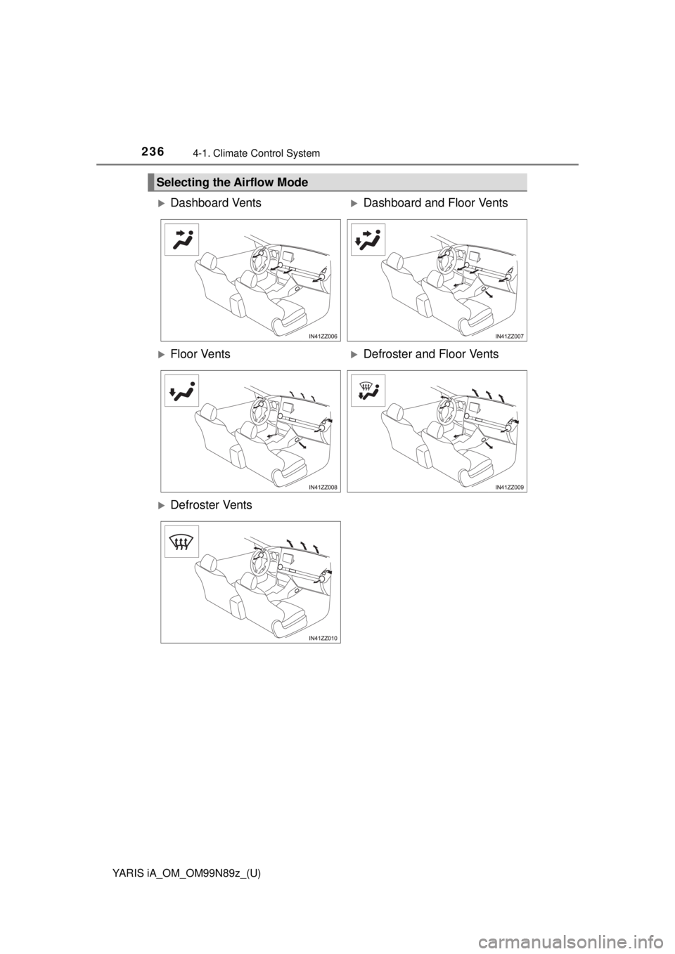 TOYOTA YARIS iA 2017  Owners Manual (in English) 236
YARIS iA_OM_OM99N89z_(U)
4-1. Climate Control System
Selecting the Airflow Mode
Dashboard VentsDashboard and Floor Vents
Floor VentsDefroster and Floor Vents
Defroster Vents  TOYOTA YARIS iA 2017  Owners Manual (in English) 236
YARIS iA_OM_OM99N89z_(U)
4-1. Climate Control System
Selecting the Airflow Mode
Dashboard VentsDashboard and Floor Vents
Floor VentsDefroster and Floor Vents
Defroster Vents
