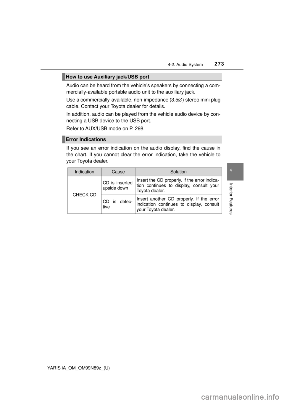 TOYOTA YARIS iA 2017  Owners Manual (in English) YARIS iA_OM_OM99N89z_(U)
2734-2. Audio System
4
Interior Features
Audio can be heard from the vehicle’s speakers by connecting a com-
mercially-available portable audi o unit to the auxiliary jack.
