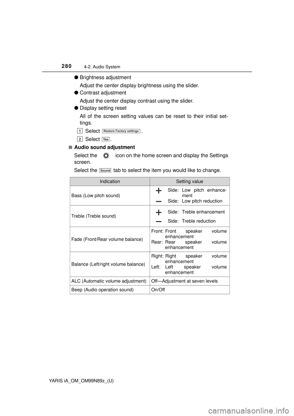 TOYOTA YARIS iA 2017 Owners Manual (in English) 280
YARIS iA_OM_OM99N89z_(U)
4-2. Audio System
●Brightness adjustment
Adjust the center display brightness using the slider.
● Contrast adjustment
Adjust the center display contrast using the sli TOYOTA YARIS iA 2017 Owners Manual (in English) 280
YARIS iA_OM_OM99N89z_(U)
4-2. Audio System
●Brightness adjustment
Adjust the center display brightness using the slider.
● Contrast adjustment
Adjust the center display contrast using the sli