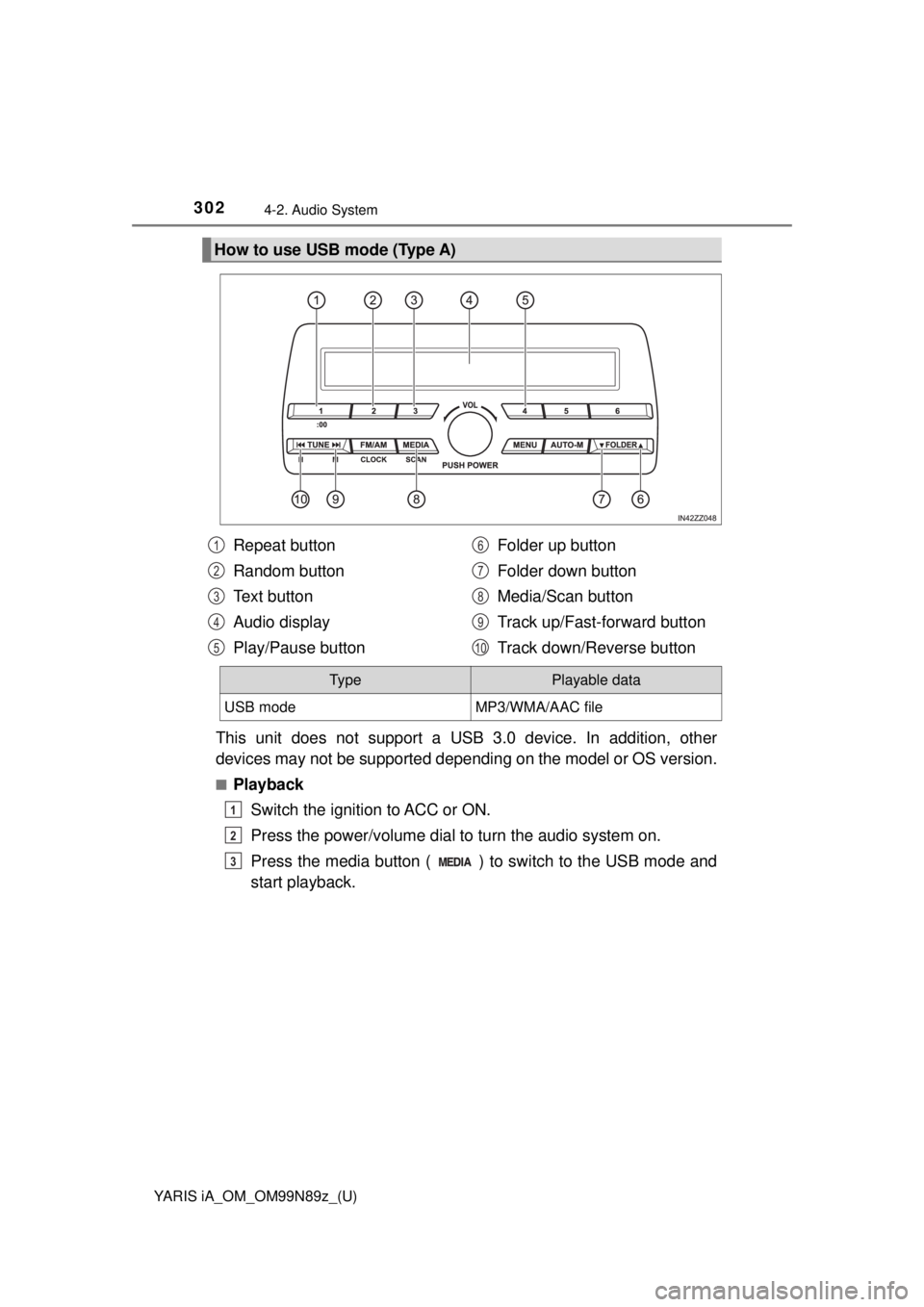 TOYOTA YARIS iA 2017  Owners Manual (in English) 302
YARIS iA_OM_OM99N89z_(U)
4-2. Audio System
This unit does not support a USB 3.0 device. In addition, other
devices may not be supported depending on the model or OS version.
■Playback
Switch the