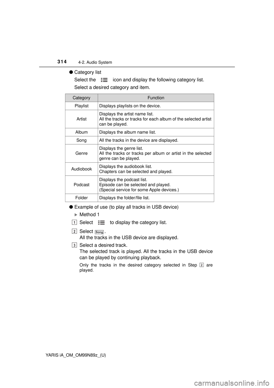 TOYOTA YARIS iA 2017 Owners Manual (in English) 314
YARIS iA_OM_OM99N89z_(U)
4-2. Audio System
●Category list
Select the icon and display the following category list.
Select a desired category and item.
● Example of use (to play all tracks i TOYOTA YARIS iA 2017 Owners Manual (in English) 314
YARIS iA_OM_OM99N89z_(U)
4-2. Audio System
●Category list
Select the icon and display the following category list.
Select a desired category and item.
● Example of use (to play all tracks i