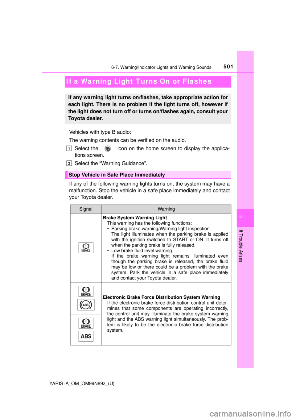 TOYOTA YARIS iA 2017 Owners Manual (in English) 501
YARIS iA_OM_OM99N89z_(U)
6-7. Warning/Indicator Lights and Warning Sounds
6
If Trouble Arises
If a Warning Light Turns On or Flashes
Vehicles with type B audio:
The warning contents can be verifie TOYOTA YARIS iA 2017 Owners Manual (in English) 501
YARIS iA_OM_OM99N89z_(U)
6-7. Warning/Indicator Lights and Warning Sounds
6
If Trouble Arises
If a Warning Light Turns On or Flashes
Vehicles with type B audio:
The warning contents can be verifie