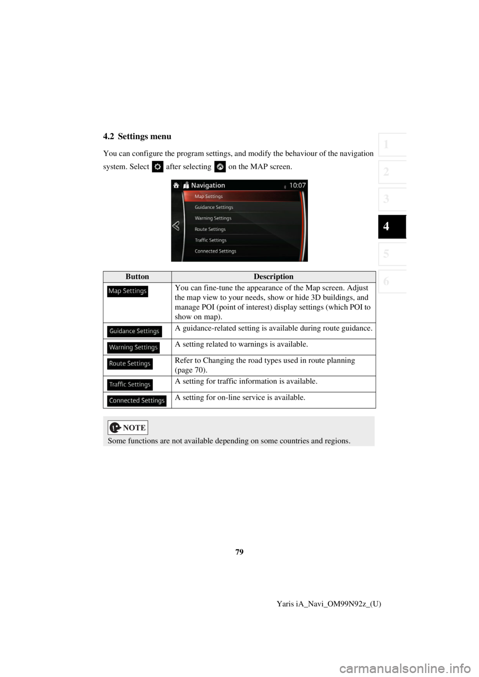 TOYOTA YARIS iA 2017 Accessories, Audio & Navigation (in English) 79
1
2
3
4
5
6
Yaris iA_Navi_OM99N92z_(U)
4.2 Settings menu
You can configure the program settings, and modify the behaviour of the navigation
system. Select after sel ecting on the MAP screen.
B TOYOTA YARIS iA 2017 Accessories, Audio & Navigation (in English) 79
1
2
3
4
5
6
Yaris iA_Navi_OM99N92z_(U)
4.2 Settings menu
You can configure the program settings, and modify the behaviour of the navigation
system. Select after sel ecting on the MAP screen.
B