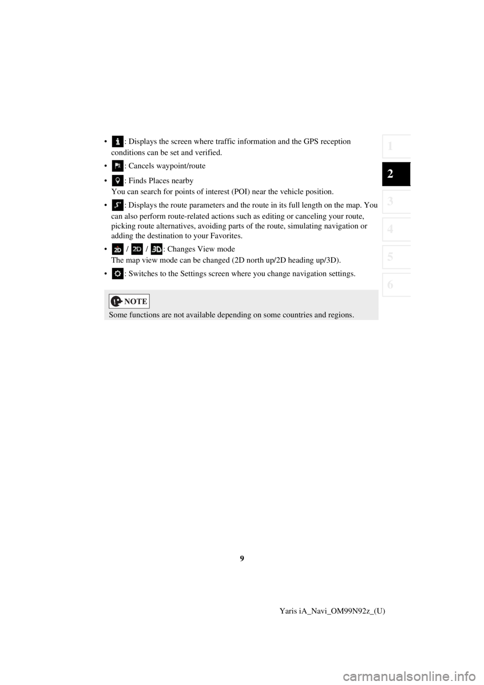 TOYOTA YARIS iA 2017  Accessories, Audio & Navigation (in English) 9
1
2
3
4
5
6
Yaris iA_Navi_OM99N92z_(U)
• : Displays the screen where traffic information and the GPS reception 
conditions can be set and verified.
• : Cancels waypoint/route
• : Finds Places 