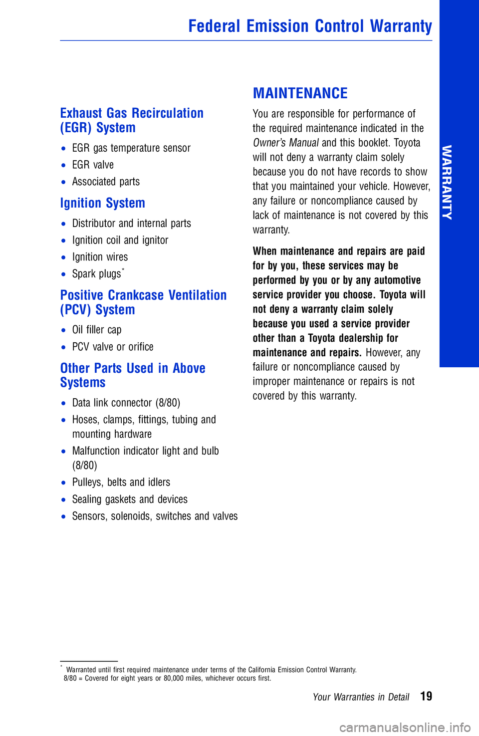 TOYOTA YARIS iA 2017 Warranties & Maintenance Guides (in English) Exhaust Gas Recirculation
(EGR) System
•EGR gas temperature sensor
•EGR valve
•Associated parts
Ignition System
•Distributor and internal parts
•Ignition coil and ignitor
•Ignition wires
TOYOTA YARIS iA 2017 Warranties & Maintenance Guides (in English) Exhaust Gas Recirculation
(EGR) System
•EGR gas temperature sensor
•EGR valve
•Associated parts
Ignition System
•Distributor and internal parts
•Ignition coil and ignitor
•Ignition wires