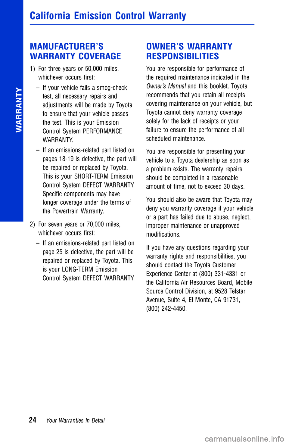 TOYOTA YARIS iA 2017 Warranties & Maintenance Guides (in English) MANUFACTURER’S
WARRANTY COVERAGE
1)For three years or 50,000 miles,
whichever occurs first:
–If your vehicle fails a smog-check
test, all necessary repairs and
adjustments will be made by Toyota
t TOYOTA YARIS iA 2017 Warranties & Maintenance Guides (in English) MANUFACTURER’S
WARRANTY COVERAGE
1)For three years or 50,000 miles,
whichever occurs first:
–If your vehicle fails a smog-check
test, all necessary repairs and
adjustments will be made by Toyota
t