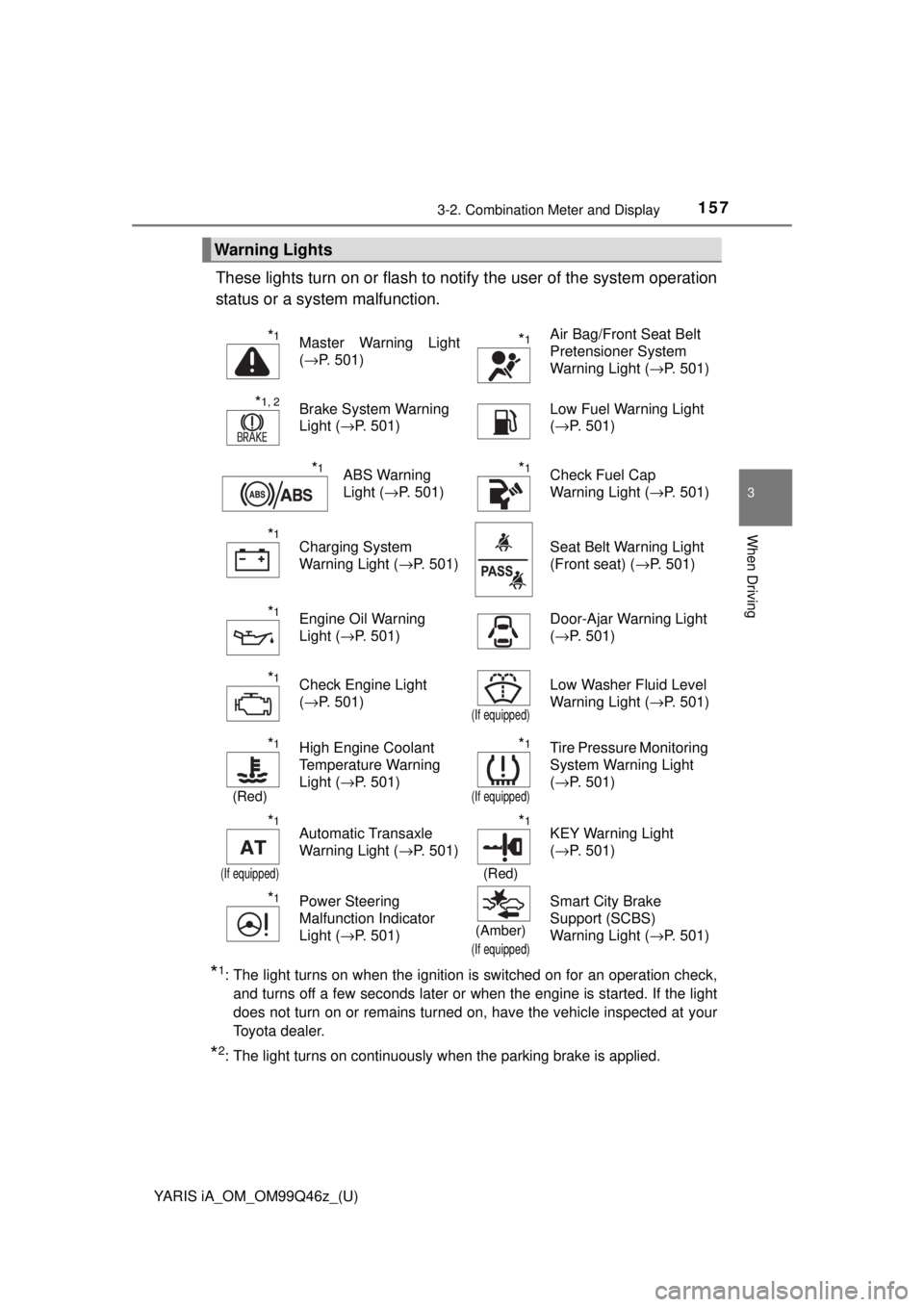 TOYOTA YARIS iA 2018  Owners Manual (in English) YARIS iA_OM_OM99Q46z_(U)
1573-2. Combination Meter and Display
3
When Driving
These lights turn on or flash to notify the user of the system operation
status or a system malfunction.
*1: The light tur