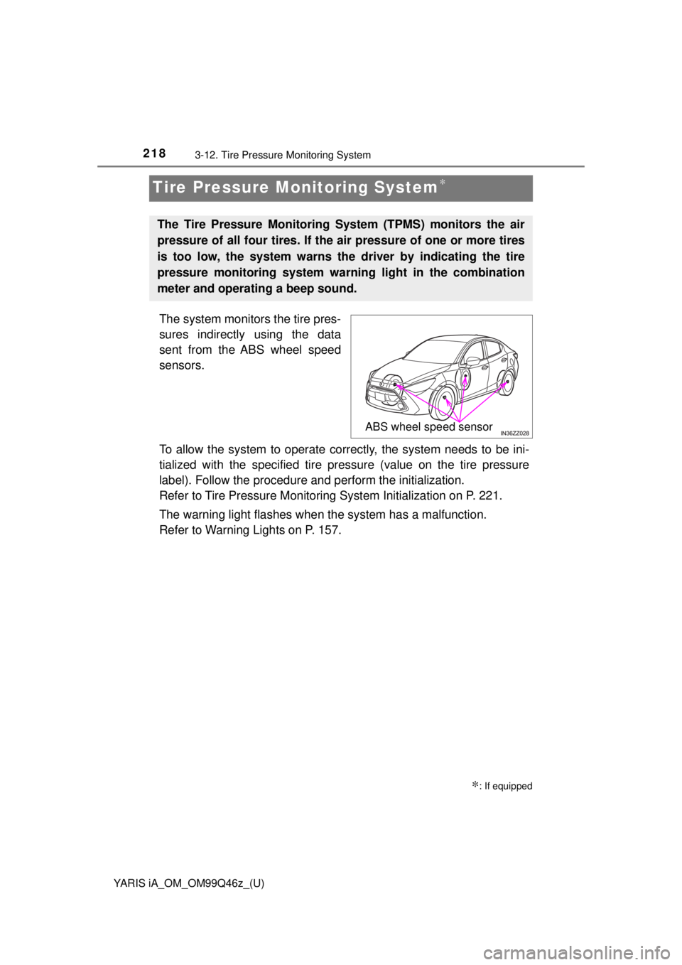 TOYOTA YARIS iA 2018  Owners Manual (in English) 218
YARIS iA_OM_OM99Q46z_(U)
3-12. Tire Pressure Monitoring System
Tire Pressure Monitoring System∗
The system monitors the tire pres-
sures indirectly using the data
sent from the ABS wheel speed
s