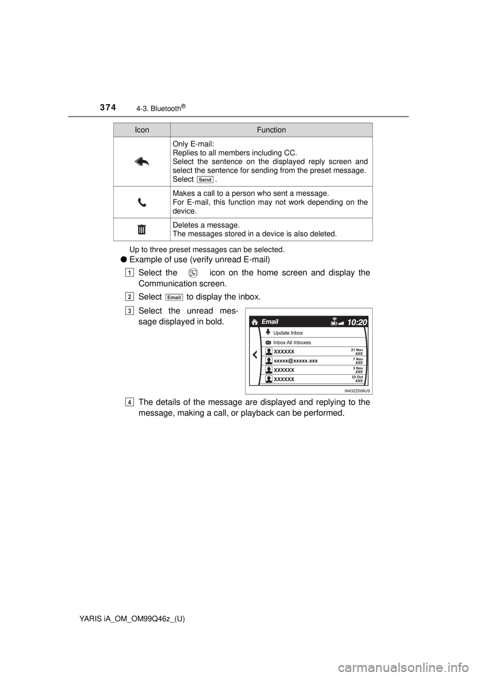 TOYOTA YARIS iA 2018  Owners Manual (in English) 374
YARIS iA_OM_OM99Q46z_(U)
4-3. Bluetooth®
Up to three preset messages can be selected.
●Example of use (verify unread E-mail)
Select the   icon on the home screen and display the
Communication s