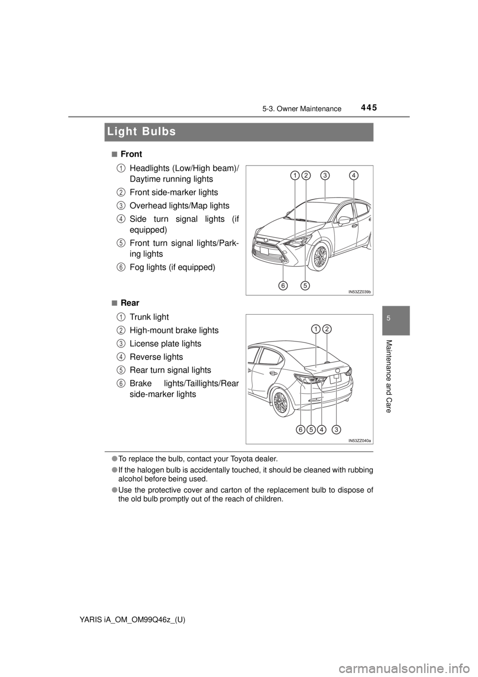 TOYOTA YARIS iA 2018  Owners Manual (in English) 445
YARIS iA_OM_OM99Q46z_(U)
5-3. Owner Maintenance
5
Maintenance and Care
Light Bulbs
■FrontHeadlights (Low/High beam)/
Daytime running lights
Front side-marker lights
Overhead lights/Map lights
Si