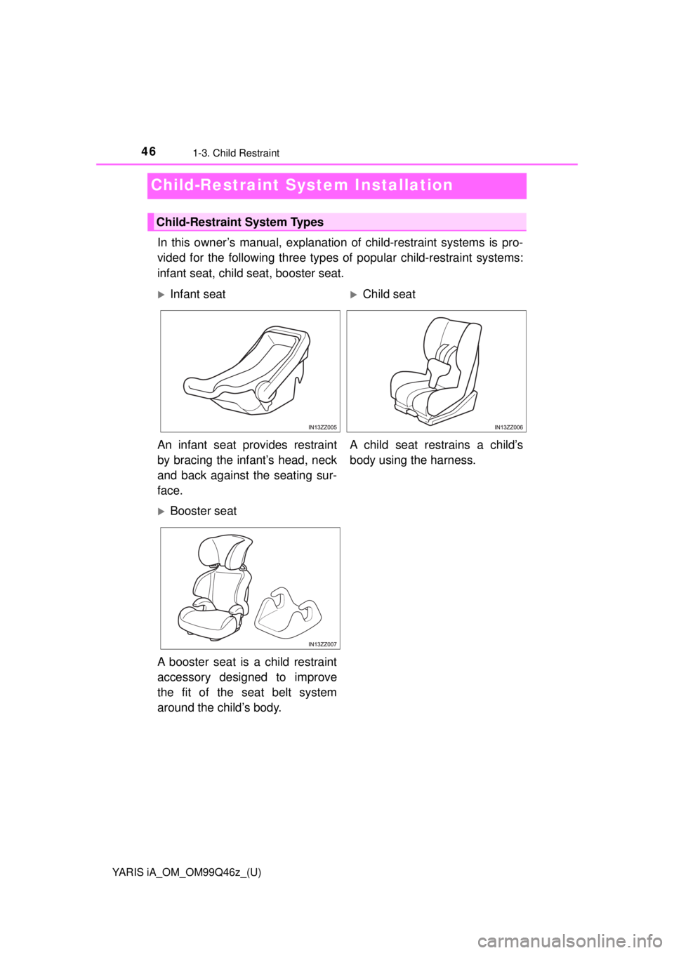 TOYOTA YARIS iA 2018 (in English) Service Manual 46
YARIS iA_OM_OM99Q46z_(U)
1-3. Child Restraint
Child-Restraint System Installation
In this owner’s manual, explanation of child-restraint systems is pro-
vided for the following three types of po TOYOTA YARIS iA 2018 (in English) Service Manual 46
YARIS iA_OM_OM99Q46z_(U)
1-3. Child Restraint
Child-Restraint System Installation
In this owner’s manual, explanation of child-restraint systems is pro-
vided for the following three types of po