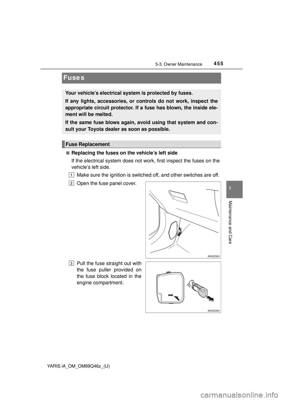 TOYOTA YARIS iA 2018  Owners Manual (in English) 455
YARIS iA_OM_OM99Q46z_(U)
5-3. Owner Maintenance
5
Maintenance and Care
Fuses
■Replacing the fuses on the vehicle’s left side
If the electrical system does not work, first inspect the fuses on 